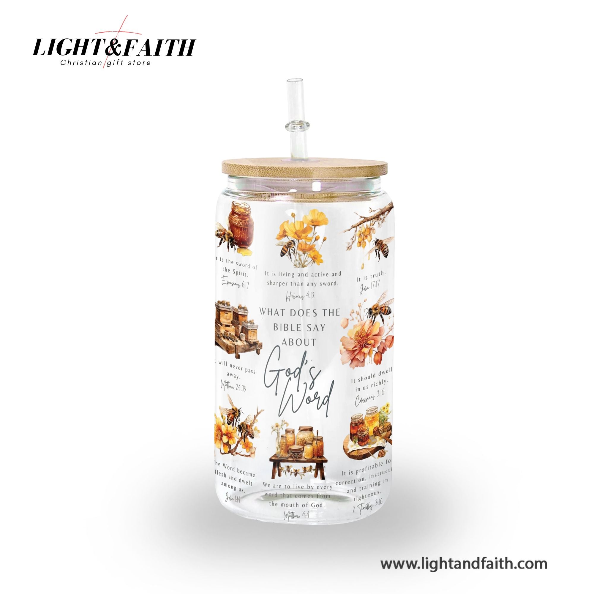 Christian Glass Can with Bamboo Lid and Straw, What the Bible Says About God’s Word Cup, Scripture Iced Coffee Tumbler Gift GCLAF40